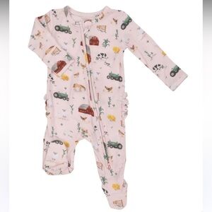 Angel Dear bamboo 2-Way Ruffle Back Zipper Footie - Big Red Barn Pink - NB